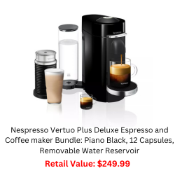 Nespresso Vertuo Plus Deluxe Espresso and Coffee maker Bundle: Piano Black, 12 Capsules, Removable Water Reservoir